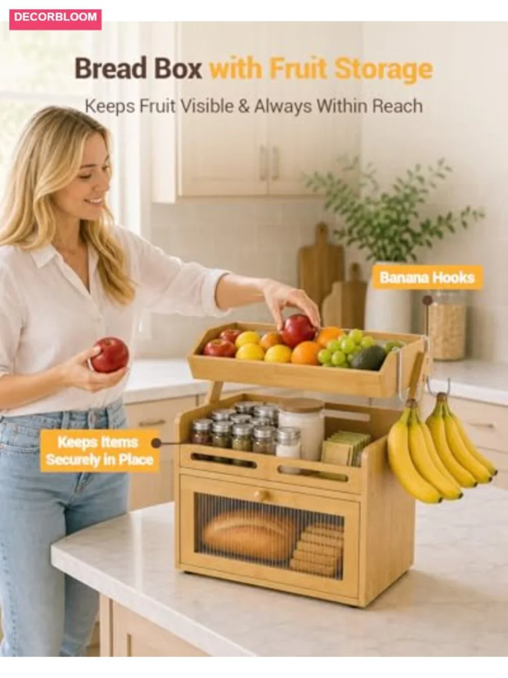 Bamboo Bread Box with Fruit Basket, Clear Door Magnetic Closure, Kitchen